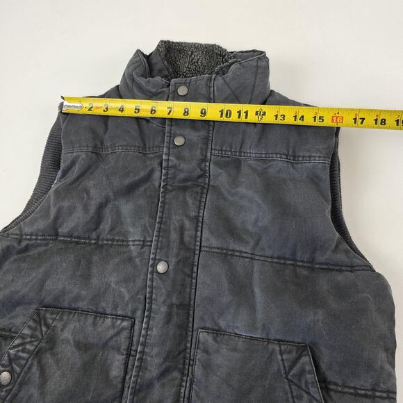 FatFace Vest Mens Large Black Padded Canvas Sherpa Collar Plaid Lined Zip Snap - Picture 6 of 12